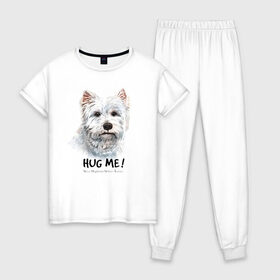 Женская пижама хлопок с принтом Вест-хайленд-уайт-терьер в Тюмени, 100% хлопок | брюки и футболка прямого кроя, без карманов, на брюках мягкая резинка на поясе и по низу штанин | Тематика изображения на принте: dog | highland | terrier | west | white | вест | собака | собаки | терьер | уайт | хайленд