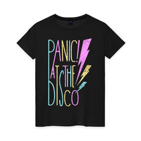 Женская футболка хлопок с принтом Panic! At the Disco в Тюмени, 100% хлопок | прямой крой, круглый вырез горловины, длина до линии бедер, слегка спущенное плечо | panic | panic at the disco | patd | группа | музыка | райан росс | рок