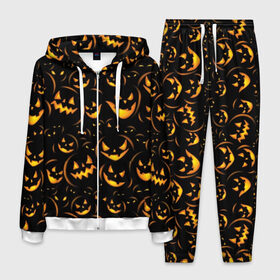 Мужской костюм 3D с принтом Хэллоуин в Тюмени, 100% полиэстер | Манжеты и пояс оформлены тканевой резинкой, двухслойный капюшон со шнурком для регулировки, карманы спереди | background | black | color | eyes | fangs | halloween | holiday | horror | orange | pumpkin | sinister | teeth | vegetable | yellow | глаза | желтый | зловещий | зубы | клыки | овощ | оранжевый | праздник | тыквы | ужас | фон | хэллоуин | цвет | черный