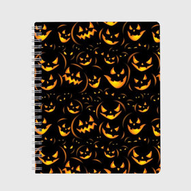 Тетрадь с принтом Хэллоуин в Тюмени, 100% бумага | 48 листов, плотность листов — 60 г/м2, плотность картонной обложки — 250 г/м2. Листы скреплены сбоку удобной пружинной спиралью. Уголки страниц и обложки скругленные. Цвет линий — светло-серый
 | background | black | color | eyes | fangs | halloween | holiday | horror | orange | pumpkin | sinister | teeth | vegetable | yellow | глаза | желтый | зловещий | зубы | клыки | овощ | оранжевый | праздник | тыквы | ужас | фон | хэллоуин | цвет | черный