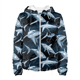Женская куртка 3D с принтом Акулы в Тюмени, ткань верха — 100% полиэстер, подклад — флис | прямой крой, подол и капюшон оформлены резинкой с фиксаторами, два кармана без застежек по бокам, один большой потайной карман на груди. Карман на груди застегивается на липучку | abyss | background | black | blue | bubbles | color | danger | depth | fin | mu | nature | ocean | predator | sea | shark | sharp | tail | teeth | акула | бездна | водоросли | глубина | зубы | море | океан | опасность | острые | плавник 