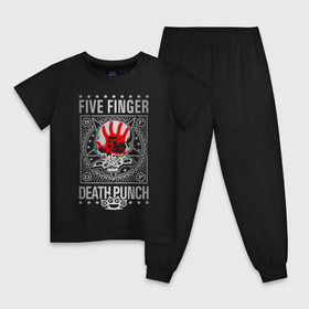 Детская пижама хлопок с принтом Five Finger Death Punch в Тюмени, 100% хлопок |  брюки и футболка прямого кроя, без карманов, на брюках мягкая резинка на поясе и по низу штанин
 | Тематика изображения на принте: 5fdp | ffdp | five finger death punch | metal | альтернатива | группы | метал | музыка | хеви метал