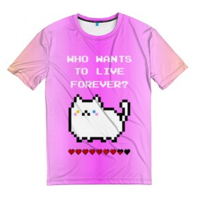 Мужская футболка 3D с принтом Cat forever в Тюмени, 100% полиэфир | прямой крой, круглый вырез горловины, длина до линии бедер | 9 жизней | forever | pixel art | queen | wants to live | квин цитата | котенок | котик | котики | коты | кошка | кошки | пиксели | пиксель арт