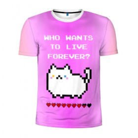 Мужская футболка 3D спортивная с принтом Cat forever в Тюмени, 100% полиэстер с улучшенными характеристиками | приталенный силуэт, круглая горловина, широкие плечи, сужается к линии бедра | 9 жизней | forever | pixel art | queen | wants to live | квин цитата | котенок | котик | котики | коты | кошка | кошки | пиксели | пиксель арт
