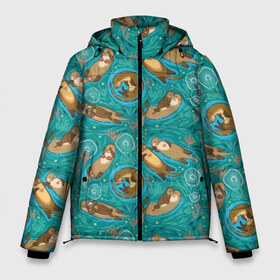 Мужская зимняя куртка 3D с принтом Весёлые выдры в Тюмени, верх — 100% полиэстер; подкладка — 100% полиэстер; утеплитель — 100% полиэстер | длина ниже бедра, свободный силуэт Оверсайз. Есть воротник-стойка, отстегивающийся капюшон и ветрозащитная планка. 

Боковые карманы с листочкой на кнопках и внутренний карман на молнии. | algae | animal | background | blue | brown | color | cute | fauna | flora | fun | funny | green | heart | jellyfish | otter | river | water | white | белый | весело | вода | водоросли | выдра | животное | забавно | зеленый | коричневый | медуза 