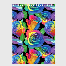 Скетчбук с принтом Разноцветные розы в Тюмени, 100% бумага
 | 48 листов, плотность листов — 100 г/м2, плотность картонной обложки — 250 г/м2. Листы скреплены сверху удобной пружинной спиралью | Тематика изображения на принте: background | black | blue | bud | color | exotic | flora | flowers | green | leaves | nature | pink | plant | purple | red | rose | yellow | бутон | желтый | зеленый | красный | лепесток | листья | природа | разноцветный | растение | роза | розо