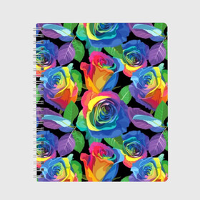 Тетрадь с принтом Разноцветные розы в Тюмени, 100% бумага | 48 листов, плотность листов — 60 г/м2, плотность картонной обложки — 250 г/м2. Листы скреплены сбоку удобной пружинной спиралью. Уголки страниц и обложки скругленные. Цвет линий — светло-серый
 | background | black | blue | bud | color | exotic | flora | flowers | green | leaves | nature | pink | plant | purple | red | rose | yellow | бутон | желтый | зеленый | красный | лепесток | листья | природа | разноцветный | растение | роза | розо