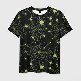 Мужская футболка 3D с принтом Зелёная паутина в Тюмени, 100% полиэфир | прямой крой, круглый вырез горловины, длина до линии бедер | background | black | cobweb | color | gothic | green | halloween | holiday | insect | pattern | spider | weave | web | готика | зеленый | насекомое | паук | паутина | плести | праздник | сеть | узор | фон | хэллоуин | цвет | черный
