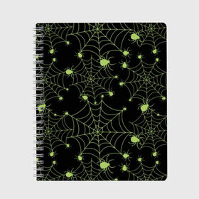 Тетрадь с принтом Зелёная паутина в Тюмени, 100% бумага | 48 листов, плотность листов — 60 г/м2, плотность картонной обложки — 250 г/м2. Листы скреплены сбоку удобной пружинной спиралью. Уголки страниц и обложки скругленные. Цвет линий — светло-серый
 | background | black | cobweb | color | gothic | green | halloween | holiday | insect | pattern | spider | weave | web | готика | зеленый | насекомое | паук | паутина | плести | праздник | сеть | узор | фон | хэллоуин | цвет | черный