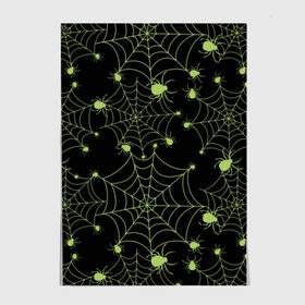 Постер с принтом Зелёная паутина в Тюмени, 100% бумага
 | бумага, плотность 150 мг. Матовая, но за счет высокого коэффициента гладкости имеет небольшой блеск и дает на свету блики, но в отличии от глянцевой бумаги не покрыта лаком | background | black | cobweb | color | gothic | green | halloween | holiday | insect | pattern | spider | weave | web | готика | зеленый | насекомое | паук | паутина | плести | праздник | сеть | узор | фон | хэллоуин | цвет | черный