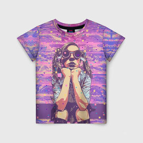 Детская футболка 3D с принтом Девушка в очках в Тюмени, 100% гипоаллергенный полиэфир | прямой крой, круглый вырез горловины, длина до линии бедер, чуть спущенное плечо, ткань немного тянется | background | blue | bright | color | colorful | cool | cyberpunk | girl | hairstyle | pink | purple | scho | skirt | student | девочка | девушка | киберпанк | круто | очки | прикольно | прическа | разноцветный | розовый | рубашка | син