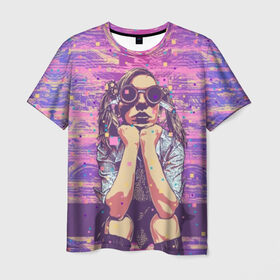 Мужская футболка 3D с принтом Девушка в очках в Тюмени, 100% полиэфир | прямой крой, круглый вырез горловины, длина до линии бедер | background | blue | bright | color | colorful | cool | cyberpunk | girl | hairstyle | pink | purple | scho | skirt | student | девочка | девушка | киберпанк | круто | очки | прикольно | прическа | разноцветный | розовый | рубашка | син