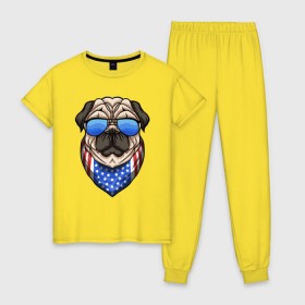Женская пижама хлопок с принтом Крутой Мопс в Тюмени, 100% хлопок | брюки и футболка прямого кроя, без карманов, на брюках мягкая резинка на поясе и по низу штанин | pug | америка | мопс | мопсы | собака | собаки | сша
