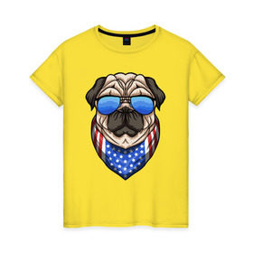 Женская футболка хлопок с принтом Крутой Мопс в Тюмени, 100% хлопок | прямой крой, круглый вырез горловины, длина до линии бедер, слегка спущенное плечо | pug | америка | мопс | мопсы | собака | собаки | сша