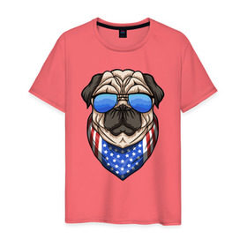 Мужская футболка хлопок с принтом Крутой Мопс в Тюмени, 100% хлопок | прямой крой, круглый вырез горловины, длина до линии бедер, слегка спущенное плечо. | pug | америка | мопс | мопсы | собака | собаки | сша