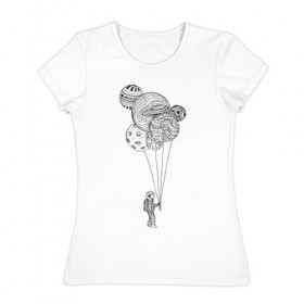 Женская футболка хлопок с принтом Космонавт в Тюмени, 100% хлопок | прямой крой, круглый вырез горловины, длина до линии бедер, слегка спущенное плечо | абстракция | астронавт | в космосе | космонавт | космос | планета | планеты | шарики
