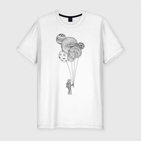 Мужская футболка премиум с принтом Космонавт в Тюмени, 92% хлопок, 8% лайкра | приталенный силуэт, круглый вырез ворота, длина до линии бедра, короткий рукав | абстракция | астронавт | в космосе | космонавт | космос | планета | планеты | шарики