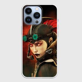 Чехол для iPhone 13 Pro с принтом Девушка в стиле стимпанк в Тюмени,  |  | black | eyes | face | fiction | girl | green | lips | look | microphone | piercing | style | tail | young | взгляд | волосы | глаза | губы | девушка | женщина | зеленый | костюм | красный | лицо | макияж | механизм | микрофон | молодая