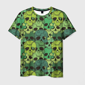 Мужская футболка 3D с принтом Зеленые черепа в Тюмени, 100% полиэфир | прямой крой, круглый вырез горловины, длина до линии бедер | anger | black | death | drawing | green | horror | illustration | lime | look | marsh | scary | skull | terrible | болотный | взгляд | зеленый | злость | иллюстрация | рисунок | салатовый | страшный | ужас | ужасный | черепа | черный