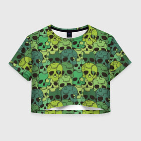 Женская футболка Cropp-top с принтом Зеленые черепа в Тюмени, 100% полиэстер | круглая горловина, длина футболки до линии талии, рукава с отворотами | anger | black | death | drawing | green | horror | illustration | lime | look | marsh | scary | skull | terrible | болотный | взгляд | зеленый | злость | иллюстрация | рисунок | салатовый | страшный | ужас | ужасный | черепа | черный