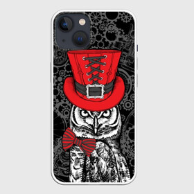 Чехол для iPhone 13 с принтом Сова в цилиндре в Тюмени,  |  | bird | black | bow | fe | gentleman | gray | hat | look | owl | predator | red | retro | steampunk | style | white | wild | бант | белый | взгляд | галстук бабочка | джентльмен | дикий | клюв | красный | мудрость | перья | полосатый | птица | ретро | серы