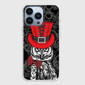 Чехол для iPhone 13 Pro с принтом Сова в цилиндре в Тюмени,  |  | bird | black | bow | fe | gentleman | gray | hat | look | owl | predator | red | retro | steampunk | style | white | wild | бант | белый | взгляд | галстук бабочка | джентльмен | дикий | клюв | красный | мудрость | перья | полосатый | птица | ретро | серы