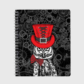 Тетрадь с принтом Сова в цилиндре в Тюмени, 100% бумага | 48 листов, плотность листов — 60 г/м2, плотность картонной обложки — 250 г/м2. Листы скреплены сбоку удобной пружинной спиралью. Уголки страниц и обложки скругленные. Цвет линий — светло-серый
 | bird | black | bow | fe | gentleman | gray | hat | look | owl | predator | red | retro | steampunk | style | white | wild | бант | белый | взгляд | галстук бабочка | джентльмен | дикий | клюв | красный | мудрость | перья | полосатый | птица | ретро | серы
