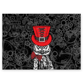Поздравительная открытка с принтом Сова в цилиндре в Тюмени, 100% бумага | плотность бумаги 280 г/м2, матовая, на обратной стороне линовка и место для марки
 | bird | black | bow | fe | gentleman | gray | hat | look | owl | predator | red | retro | steampunk | style | white | wild | бант | белый | взгляд | галстук бабочка | джентльмен | дикий | клюв | красный | мудрость | перья | полосатый | птица | ретро | серы