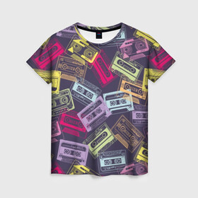 Женская футболка 3D с принтом Разноцветные кассеты в Тюмени, 100% полиэфир ( синтетическое хлопкоподобное полотно) | прямой крой, круглый вырез горловины, длина до линии бедер | audio | drawing | green | mauve | multicolored | music | purple | retro | turquoise | vintage | yellow | аудио | бирюза | винтаж | желтый | зеленый | кассета | лиловый | музыка | разноцветные | ретро | рисунок | фиолетовый