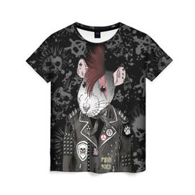Женская футболка 3D с принтом Крыса в косухе в Тюмени, 100% полиэфир ( синтетическое хлопкоподобное полотно) | прямой крой, круглый вырез горловины, длина до линии бедер | anarchy | clothes | cool | earring | hairstyle | hamster | icon | jacket | mohawk | mouse | music | muzzle | piercing | punk | rat | riveting | rock | skull | spikes | анархия | значок | ирокез | к | клепки | круто | крыса | куртка | музыка | мышь