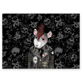 Поздравительная открытка с принтом Крыса в косухе в Тюмени, 100% бумага | плотность бумаги 280 г/м2, матовая, на обратной стороне линовка и место для марки
 | Тематика изображения на принте: anarchy | clothes | cool | earring | hairstyle | hamster | icon | jacket | mohawk | mouse | music | muzzle | piercing | punk | rat | riveting | rock | skull | spikes | анархия | значок | ирокез | к | клепки | круто | крыса | куртка | музыка | мышь