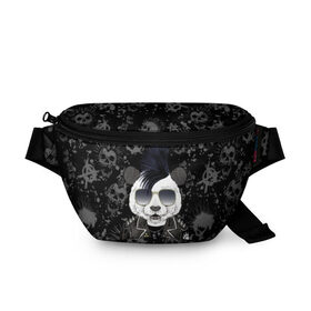 Поясная сумка 3D с принтом Панда в косухе в Тюмени, 100% полиэстер | плотная ткань, ремень с регулируемой длиной, внутри несколько карманов для мелочей, основное отделение и карман с обратной стороны сумки застегиваются на молнию | anarchy | bear | color | cool | icon | jacket | mohawk | music | panda | piercing | punk | purple | rock | skull | white | аксессуар | анархия | белый | значок | ирокез | круто | куртка | медведь | музыка | одежда | очки | панда | панк |