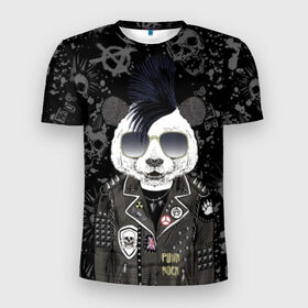 Мужская футболка 3D спортивная с принтом Панда в косухе в Тюмени, 100% полиэстер с улучшенными характеристиками | приталенный силуэт, круглая горловина, широкие плечи, сужается к линии бедра | Тематика изображения на принте: anarchy | bear | color | cool | icon | jacket | mohawk | music | panda | piercing | punk | purple | rock | skull | white | аксессуар | анархия | белый | значок | ирокез | круто | куртка | медведь | музыка | одежда | очки | панда | панк |