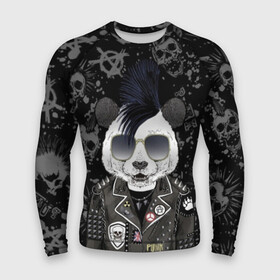 Мужской рашгард 3D с принтом Панда в косухе в Тюмени,  |  | anarchy | bear | color | cool | icon | jacket | mohawk | music | panda | piercing | punk | purple | rock | skull | white | аксессуар | анархия | белый | значок | ирокез | круто | куртка | медведь | музыка | одежда | очки | панда | панк |