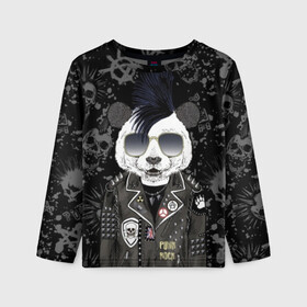Детский лонгслив 3D с принтом Панда в косухе в Тюмени, 100% полиэстер | длинные рукава, круглый вырез горловины, полуприлегающий силуэт
 | anarchy | bear | color | cool | icon | jacket | mohawk | music | panda | piercing | punk | purple | rock | skull | white | аксессуар | анархия | белый | значок | ирокез | круто | куртка | медведь | музыка | одежда | очки | панда | панк |