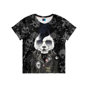 Детская футболка 3D с принтом Панда в косухе в Тюмени, 100% гипоаллергенный полиэфир | прямой крой, круглый вырез горловины, длина до линии бедер, чуть спущенное плечо, ткань немного тянется | anarchy | bear | color | cool | icon | jacket | mohawk | music | panda | piercing | punk | purple | rock | skull | white | аксессуар | анархия | белый | значок | ирокез | круто | куртка | медведь | музыка | одежда | очки | панда | панк |