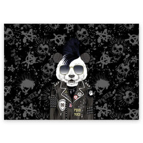 Поздравительная открытка с принтом Панда в косухе в Тюмени, 100% бумага | плотность бумаги 280 г/м2, матовая, на обратной стороне линовка и место для марки
 | anarchy | bear | color | cool | icon | jacket | mohawk | music | panda | piercing | punk | purple | rock | skull | white | аксессуар | анархия | белый | значок | ирокез | круто | куртка | медведь | музыка | одежда | очки | панда | панк |