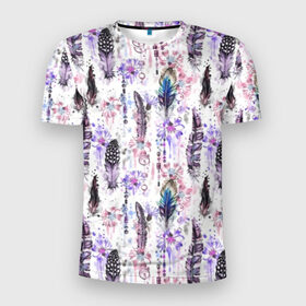 Мужская футболка 3D спортивная с принтом Акварельные перья в Тюмени, 100% полиэстер с улучшенными характеристиками | приталенный силуэт, круглая горловина, широкие плечи, сужается к линии бедра | Тематика изображения на принте: beads | bird | blue | boho | bright | circles | color | dots | ethnic | feathers | flower | hippie | illustration | ma | pink | purple | watercolor | акварель | бохо | бусы | василек | иллюстрация | круги | лиловый | перья | птичьи | розовый | с