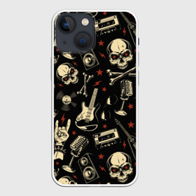 Чехол для iPhone 13 mini с принтом Гранж с черепами в Тюмени,  |  | bones | grunge | guitar | hands | microphone | music | punk | record | rocker | skeleton | skull | sound | style | tape | vintage | vinyl | винил | винтаж | гитары | гранж | звук | кассеты | коза | кости | магнитофон | микрофон | молнии | музыка | очки | 