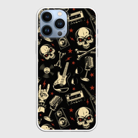 Чехол для iPhone 13 Pro Max с принтом Гранж с черепами в Тюмени,  |  | bones | grunge | guitar | hands | microphone | music | punk | record | rocker | skeleton | skull | sound | style | tape | vintage | vinyl | винил | винтаж | гитары | гранж | звук | кассеты | коза | кости | магнитофон | микрофон | молнии | музыка | очки | 