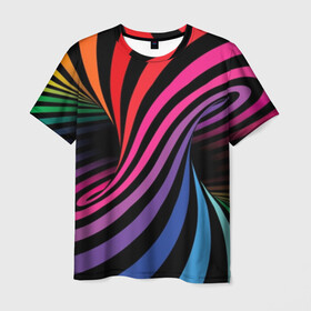 Мужская футболка 3D с принтом Метаморфозы в Тюмени, 100% полиэфир | прямой крой, круглый вырез горловины, длина до линии бедер | abstraction | black | blue | color | green | hypnosis | illusion | orange | p | rainbow | red | tunnel | yellow | абстракция | галлюцинации | гипноз | желтый | зеленый | иллюзия | красный | оранжевый | полосы | психоделика | радуга | разноцветны