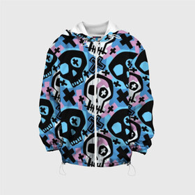 Детская куртка 3D с принтом Черепа в Тюмени, 100% полиэстер | застежка — молния, подол и капюшон оформлены резинкой с фиксаторами, по бокам — два кармана без застежек, один потайной карман на груди, плотность верхнего слоя — 90 г/м2; плотность флисового подклада — 260 г/м2 | black | blue | crosses | graffiti | halloween | ornament | pattern | pink | skull | white | белый | граффити | кресты | орнамент | розовый | синий | узор | хэллоуин | черепа | черный