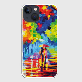 Чехол для iPhone 13 mini с принтом Осенний бульвар в Тюмени,  |  | art | blue | couple | green | lovers | orange | street | tree | umbrella | yellow | влюбленные | дерево | дождь | желтый | зеленый | зонт | искусство | картина | краски | красный | листья | масло | о | оранжевый | осенний | отражение