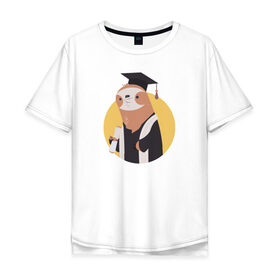 Мужская футболка хлопок Oversize с принтом Ленивец Выпускник в Тюмени, 100% хлопок | свободный крой, круглый ворот, “спинка” длиннее передней части | Тематика изображения на принте: sloth | выпускник | выпускной | ленивец
