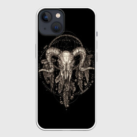 Чехол для iPhone 13 с принтом Овен в ловце снов в Тюмени,  |  | aries | black | charm | cobweb | dream catcher | ethnic | feathers | goat | horns | mystic | national | ram | skeleton | skull | taurus | totem | баран | гороскоп | знак зодиака | козел | ловец снов | мистика | национальный | оберег | овен | паутина | пер