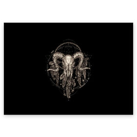 Поздравительная открытка с принтом Овен в ловце снов в Тюмени, 100% бумага | плотность бумаги 280 г/м2, матовая, на обратной стороне линовка и место для марки
 | Тематика изображения на принте: aries | black | charm | cobweb | dream catcher | ethnic | feathers | goat | horns | mystic | national | ram | skeleton | skull | taurus | totem | баран | гороскоп | знак зодиака | козел | ловец снов | мистика | национальный | оберег | овен | паутина | пер