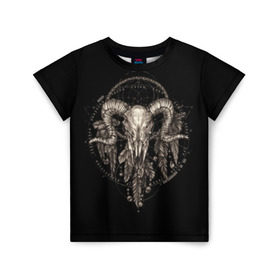 Детская футболка 3D с принтом Овен в ловце снов в Тюмени, 100% гипоаллергенный полиэфир | прямой крой, круглый вырез горловины, длина до линии бедер, чуть спущенное плечо, ткань немного тянется | Тематика изображения на принте: aries | black | charm | cobweb | dream catcher | ethnic | feathers | goat | horns | mystic | national | ram | skeleton | skull | taurus | totem | баран | гороскоп | знак зодиака | козел | ловец снов | мистика | национальный | оберег | овен | паутина | пер