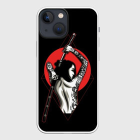 Чехол для iPhone 13 mini с принтом Девушка с мечом в Тюмени,  |  | beauty | black | brunette | cool | girl | gray | japan | japanese | mafia | red | samurai | sun | sword | tattoo | white | woman | yakuza | young | белый | брюнетка | девушка | женщина | красный | красотка | круто | мафия | меч | молодая | самурайский | с