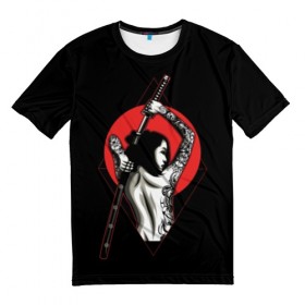 Мужская футболка 3D с принтом Девушка с мечом в Тюмени, 100% полиэфир | прямой крой, круглый вырез горловины, длина до линии бедер | Тематика изображения на принте: beauty | black | brunette | cool | girl | gray | japan | japanese | mafia | red | samurai | sun | sword | tattoo | white | woman | yakuza | young | белый | брюнетка | девушка | женщина | красный | красотка | круто | мафия | меч | молодая | самурайский | с