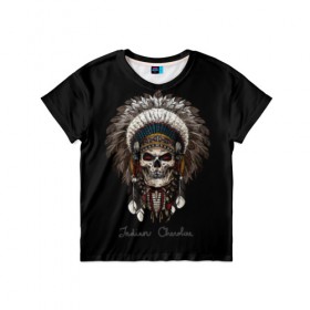 Детская футболка 3D с принтом Череп с роучем в Тюмени, 100% гипоаллергенный полиэфир | прямой крой, круглый вырез горловины, длина до линии бедер, чуть спущенное плечо, ткань немного тянется | cherokee | culture | ethnic | feathers | indian | national | navajo | roach | skeleton | skull | traditional | индеец | культура | навахо | национальный | перья | роуч | скелет | традиционный | череп | чероки | этнический